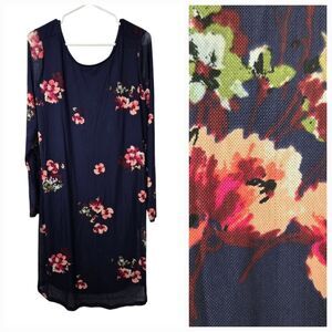 Isabel Maternity Navy Blue Floral Mesh Lined Dress Sheer Long Sleeve Knee Length